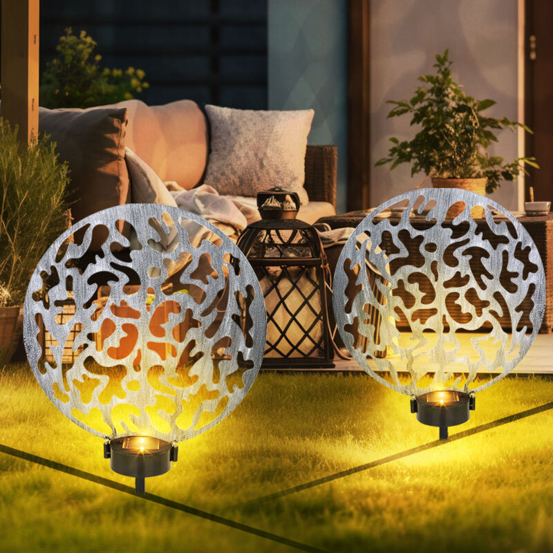 foto del prodotto lampada solare a spina, lampada solare, rotonda, lampada da esterno, decorazione da giardino, picchetto, effetto luce, metallo argento antico, 2x led