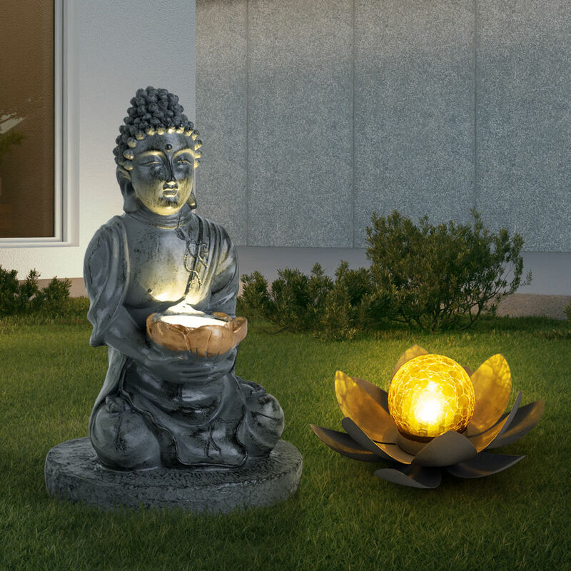 foto del prodotto lampada solare buddha feng shui fiore solare esterno fiore di loto esterno vetro crackle solare, grigio, lampadine a led, 1x loto 1x buddha, set di 2