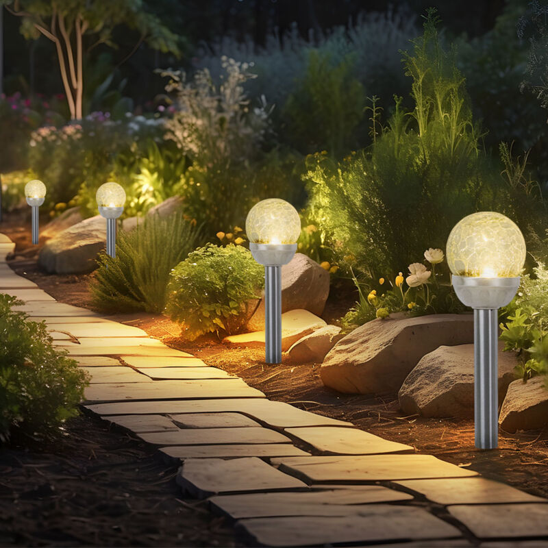foto del prodotto lampada solare con picchetto da terra, lampada da esterno, sfera in vetro, lampada da giardino, plastica, argento, acciaio inox, batteria, led bianco