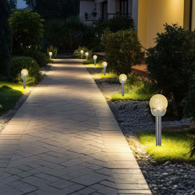 foto del prodotto lampada solare con picchetto da terra, lampada da esterno, sfera in vetro, lampada da giardino, plastica, argento, acciaio inox, batteria, led bianco