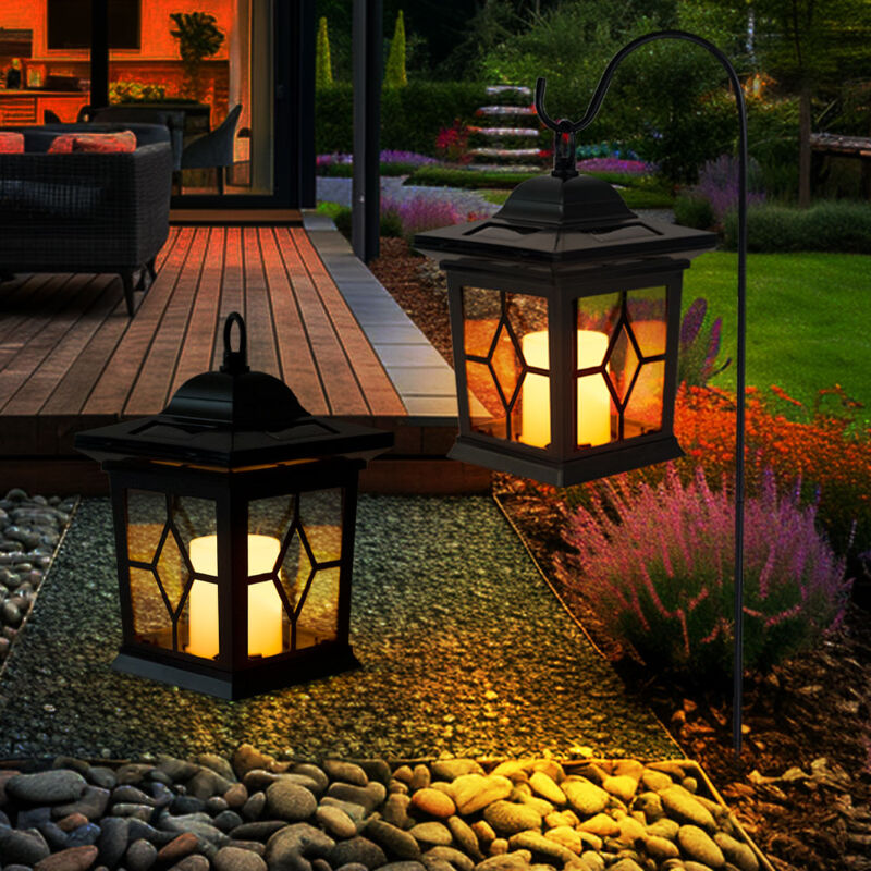 foto del prodotto lampada solare con picchetto lanterna solare candela led lanterna con luce plug in nero, acciaio, led 0,06 w, lxpxa 21x14,3x69 cm, set da 2