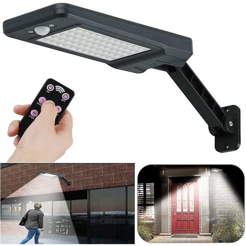 foto del prodotto lampada solare da esterno 60 led 6w ip65 impermeabile nera, supporto regolabile e telecomando, 3 modalit luce con sensore di movimento 180 
