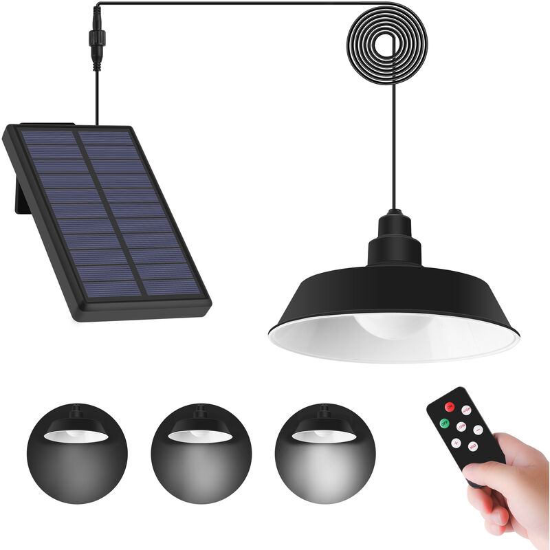 foto del prodotto lampada solare da esterno a sospensione, 3 colori dimmerabili con telecomando, controllo della luce led 6500k, ideale per fienili, pollai, gazebo
