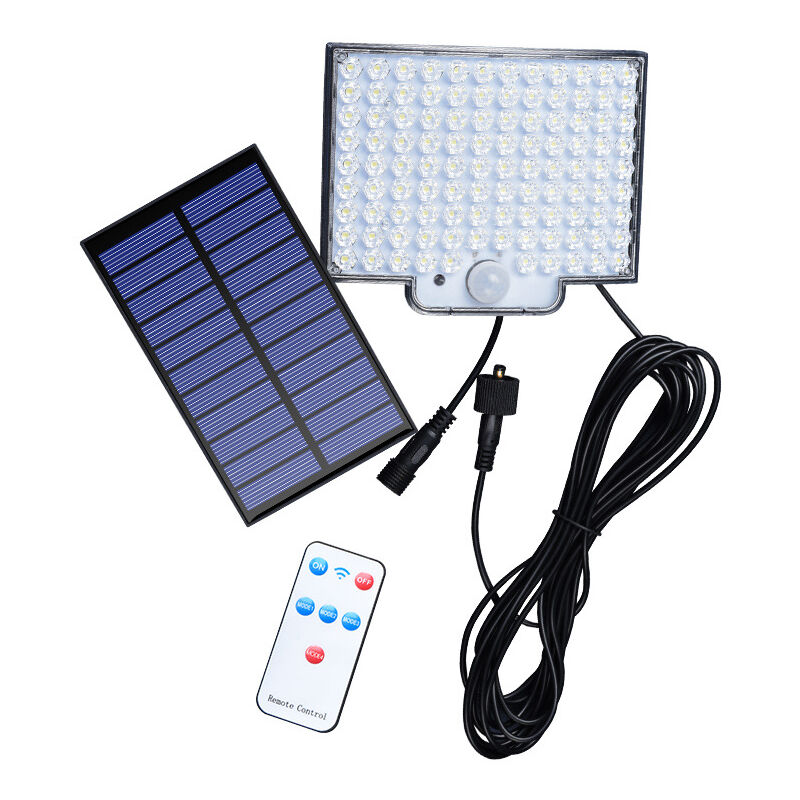 foto del prodotto lampada solare da esterno con 106 led, sensore di movimento, impermeabile ip65, angolo fascio 120 , applique solare da giardino con cavo da 5 m