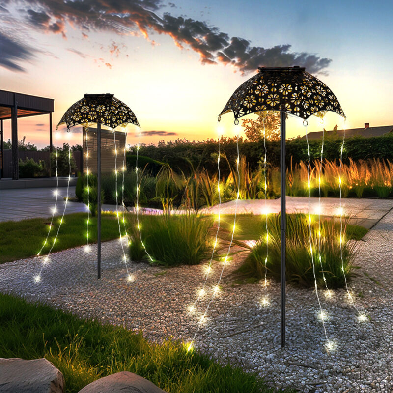 foto del prodotto lampada solare da esterno con picchetto a terra decorazione giardino ombrellone patio, rame nero, 60x led bianco caldo, dxh 20,5 x 65 cm, set di 2