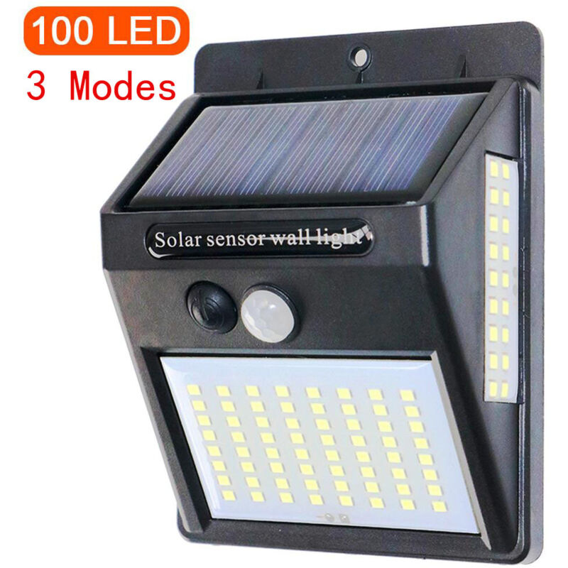 foto del prodotto lampada solare da esterno, confezione da 4 luci solari da 100 led ip65 proiettore led da esterno impermeabile con sensore di movimento, illuminazione