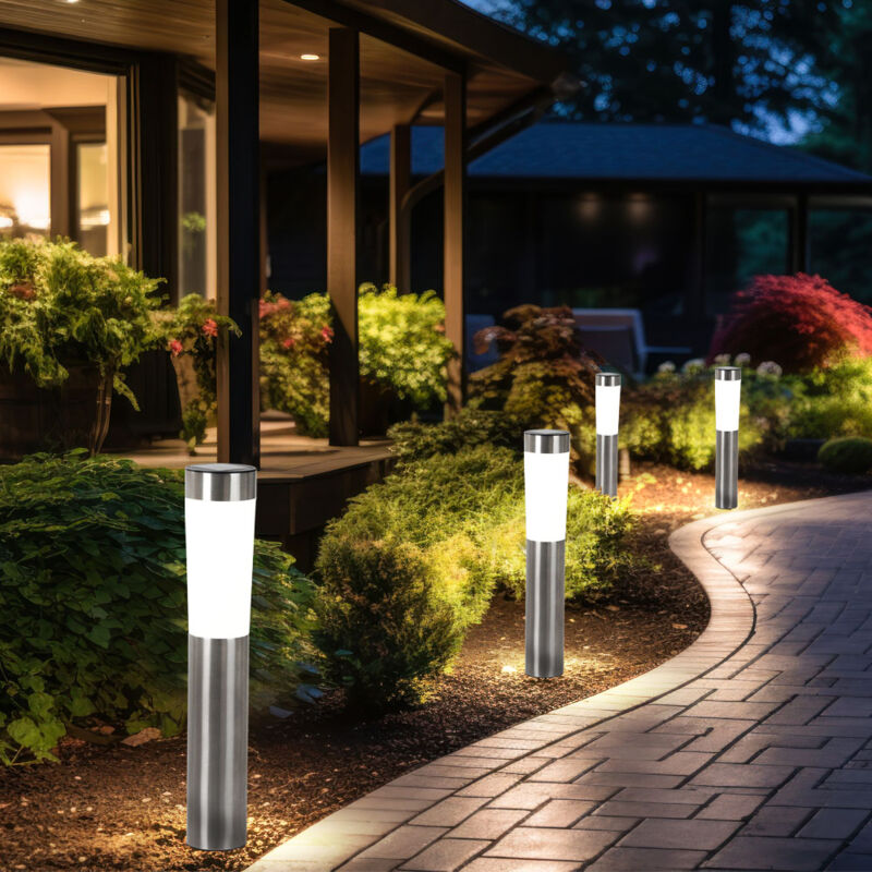 foto del prodotto lampada solare da esterno in acciaio inox con picchetto, lampada solare da giardino, led 0,06 w, pxa 7,5x56 cm, set da 4