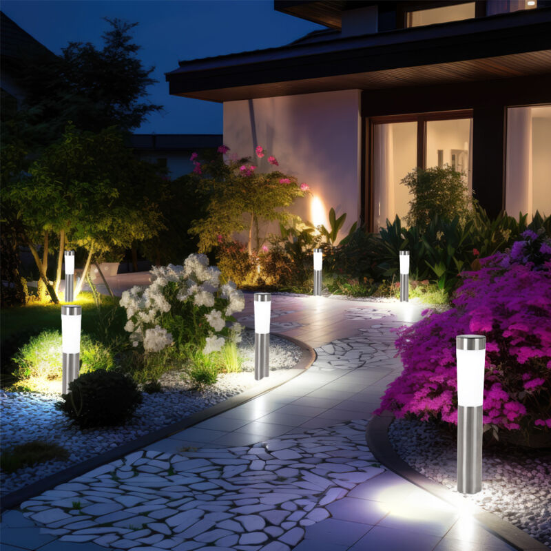 foto del prodotto lampada solare da esterno in acciaio inox con picchetto, lampada solare da giardino, led 0,06 w, pxa 7,5x56 cm, set da 6