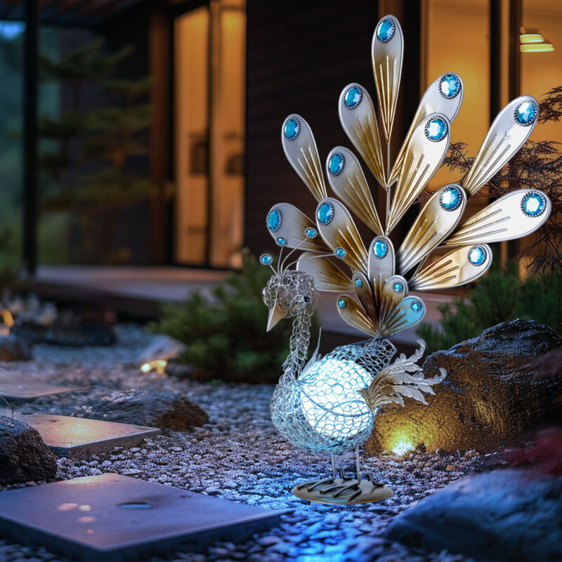 foto del prodotto lampada solare decorativa pavone lampada solare pavone luce esterna figura animale solare, pietre decorative in metallo, ip44, led 0,06 w, lxlxa