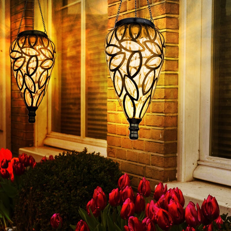 foto del prodotto lampada solare decorazione da giardino lampada a sospensione lampada da esterno lampada a sospensione a led solare, design a goccia, metallo nero,