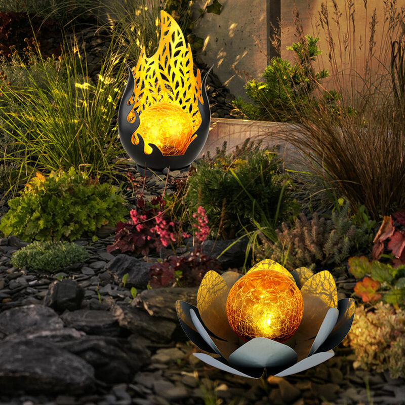 foto del prodotto lampada solare design fiamma esterno fiore solare esterno fiore di loto vetro crepitio solare, grigio, lampadine a led, 1x fiore di loto 1x design