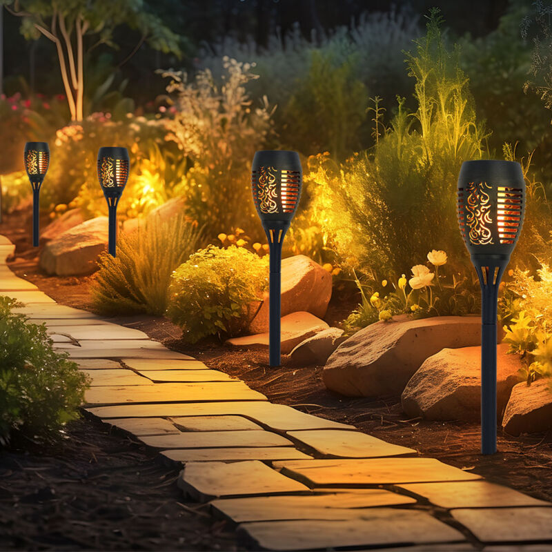foto del prodotto lampada solare effetto fuoco torcia solare effetto fiamma torcia da giardino nera, plastica, lampadina led arancione, h 50 cm, set da 4
