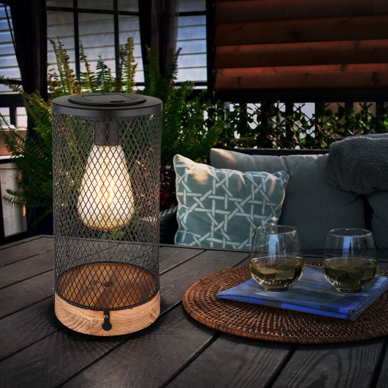 foto del prodotto lampada solare lampada da tavolo da esterno led da giardino decorazione legno, griglia metallica nero, 3000k bianco caldo, dxh 12x25,5 cm