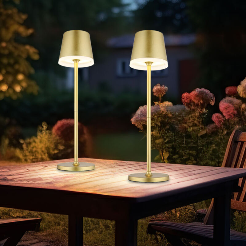 foto del prodotto lampada solare lampada da tavolo lampada da esterno lampada da giardino lampada laterale, metallo color oro, 2 altezze possibili, led 3000k bianco