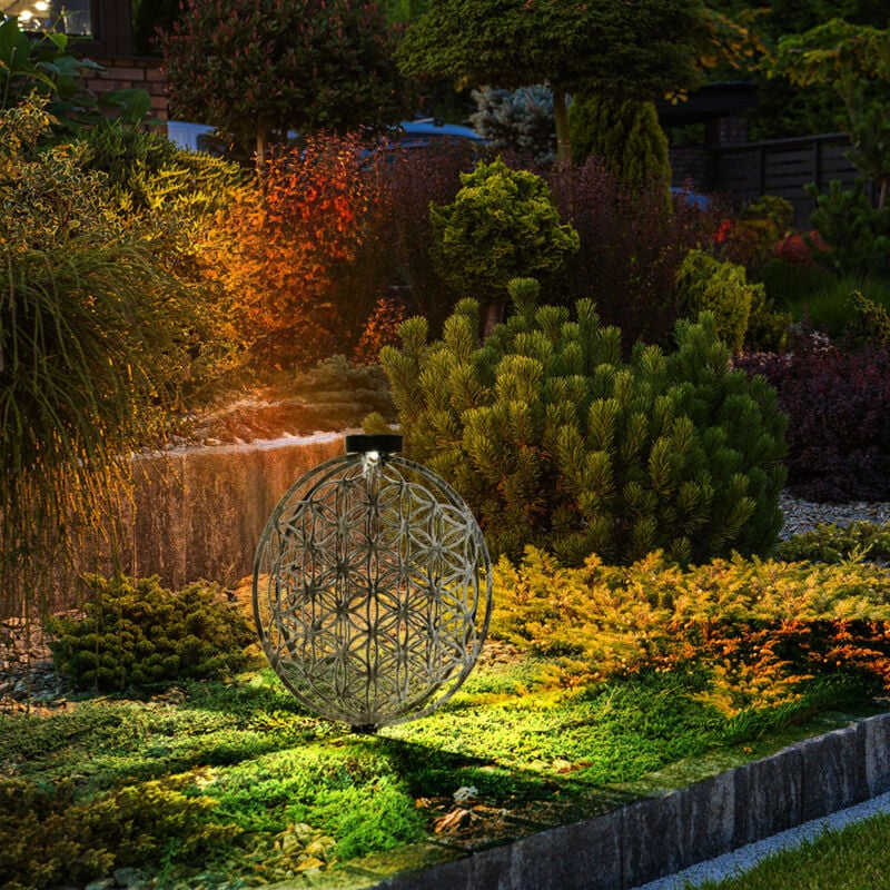 foto del prodotto lampada solare, luce decorativa orientale, lampada da giardino, fiore della vita, solare, luce solare, metallo per esterni, metallo, picchetto, 1x
