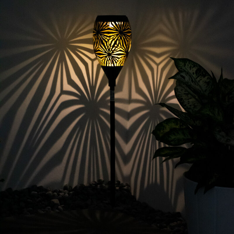 foto del prodotto lampada solare, nera, lampada da esterno, decorazione da giardino, lampada da terrazza, punzonatura decorativa, oro, 1x led bianco caldo, dxh 11x58 cm
