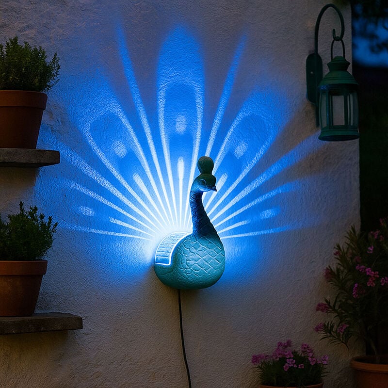 foto del prodotto lampada solare pavone figure applique da parete per esterni cambia colore luce solare, batteria ip44, montaggio a parete colorato, led rgb, lxlxa