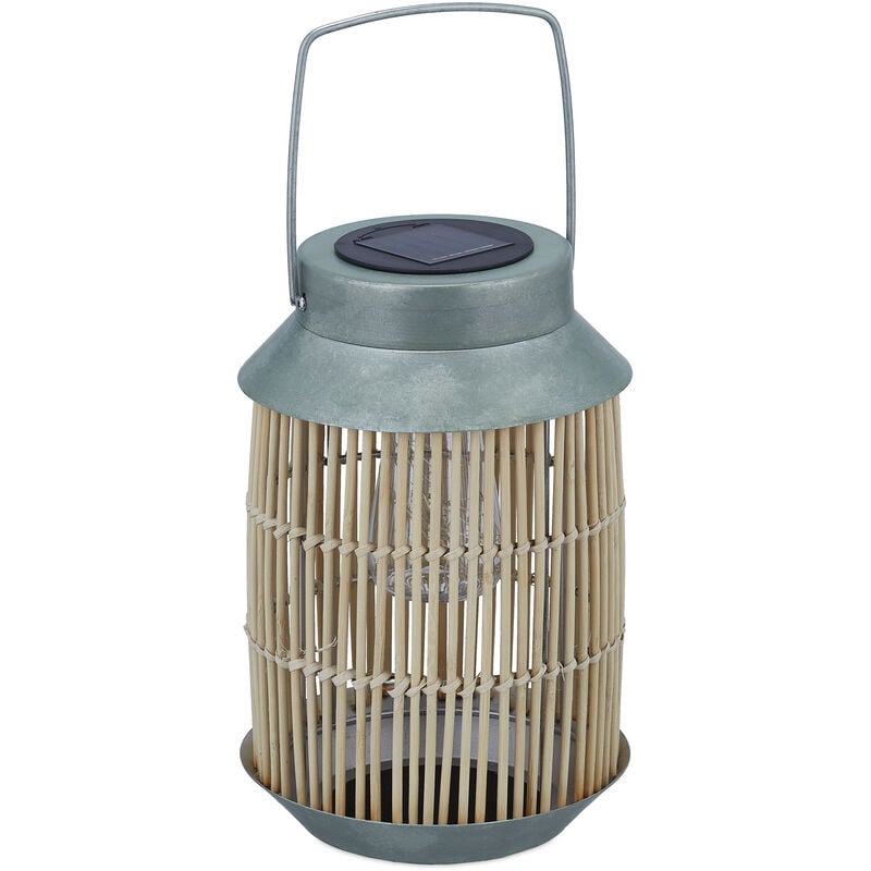 foto del prodotto lampada solare per ambienti esterni, lanterna con catena di luci a led, giardino e balcone, marrone argento relaxdays