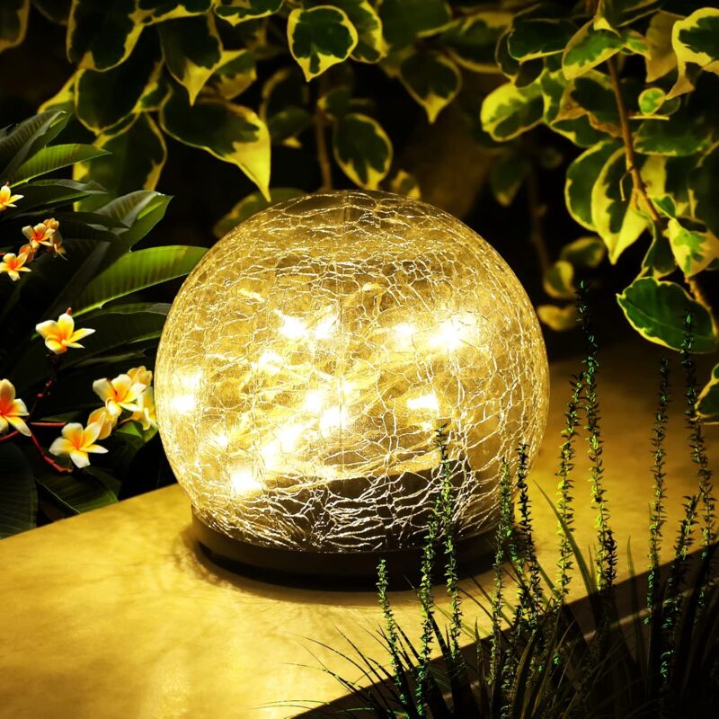 foto del prodotto lampada solare per giardino esterno, lampione solare, decorazione esterna, globo di vetro incrinato, impermeabile, controllo intelligente della luce