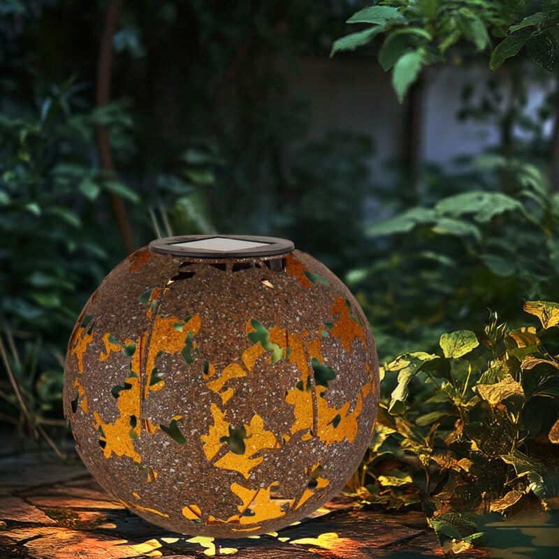 foto del prodotto lampada solare ruggine per esterno sfera solare giardino decorazione terra picco, con foglie di acero effetto luce, metallo, 1x led bianco caldo, dxh