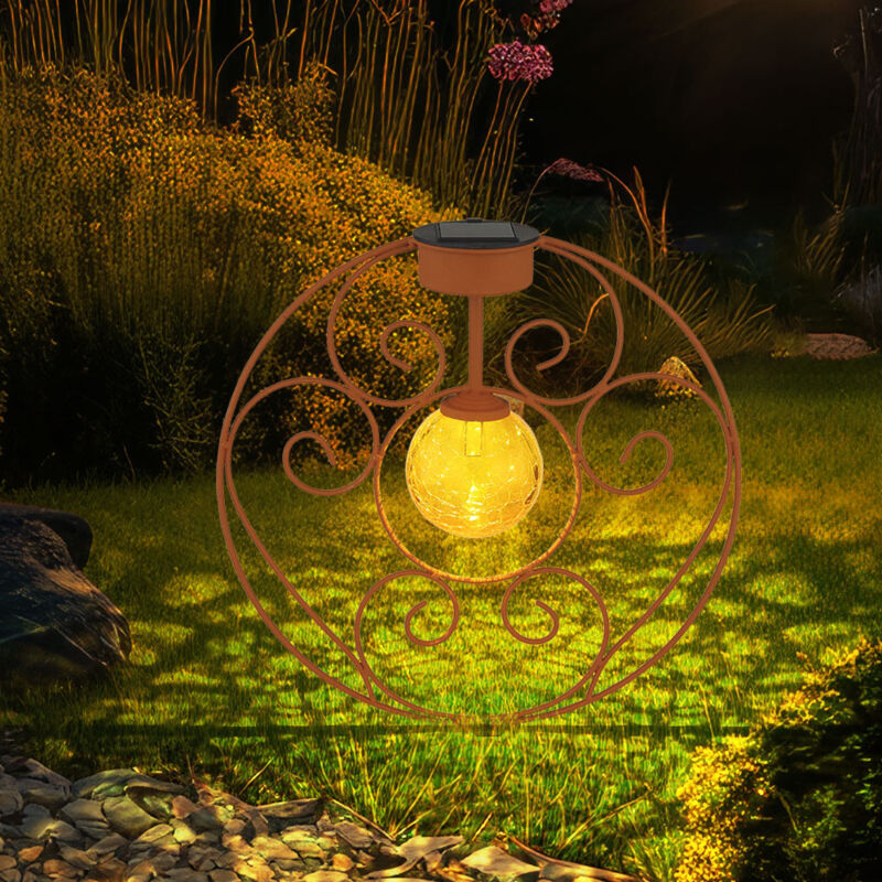 foto del prodotto lampada solare sfera di vetro orientale color ruggine luce decorativa lampada da giardino picchetto luce solare metallo per esterno, metallo vetro,