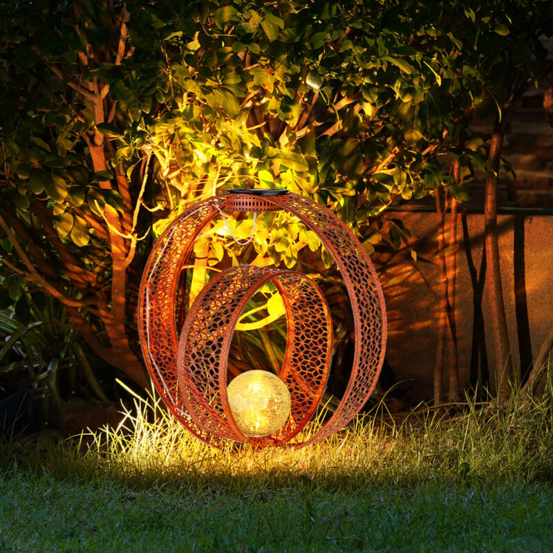foto del prodotto lampada solare sfera orientale luce decorativa da giardino lampada solare solare in metallo per esterni, vetro craquel , aspetto ruggine, 1x led