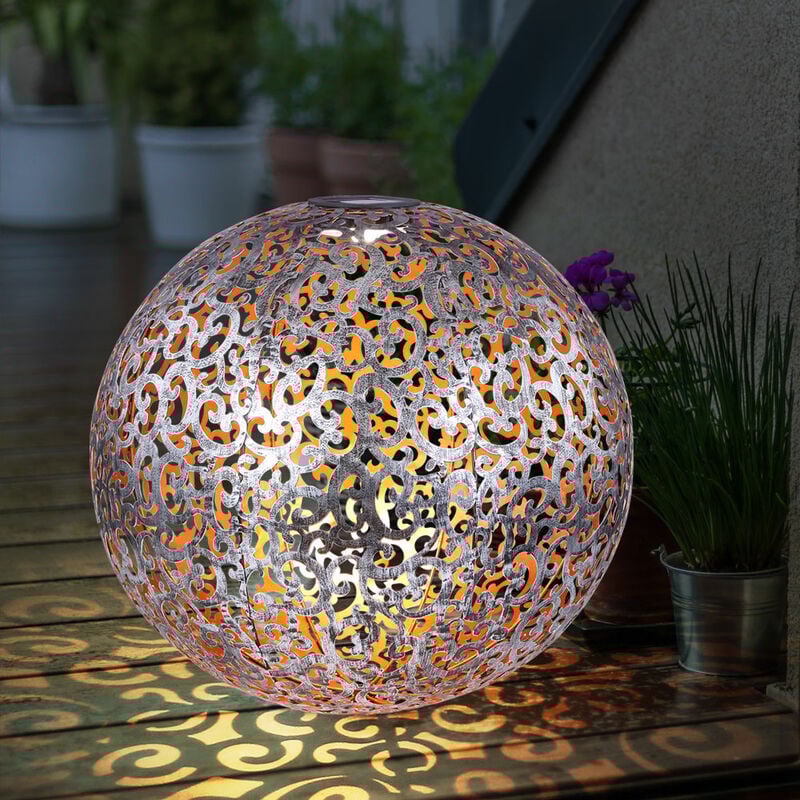 immagine 0 del prodotto lampada solare vento luce sfera solare da giardino orientale, lampada led plug in ip44, punta terra, motivo metallo grigio argento antico, 1x led