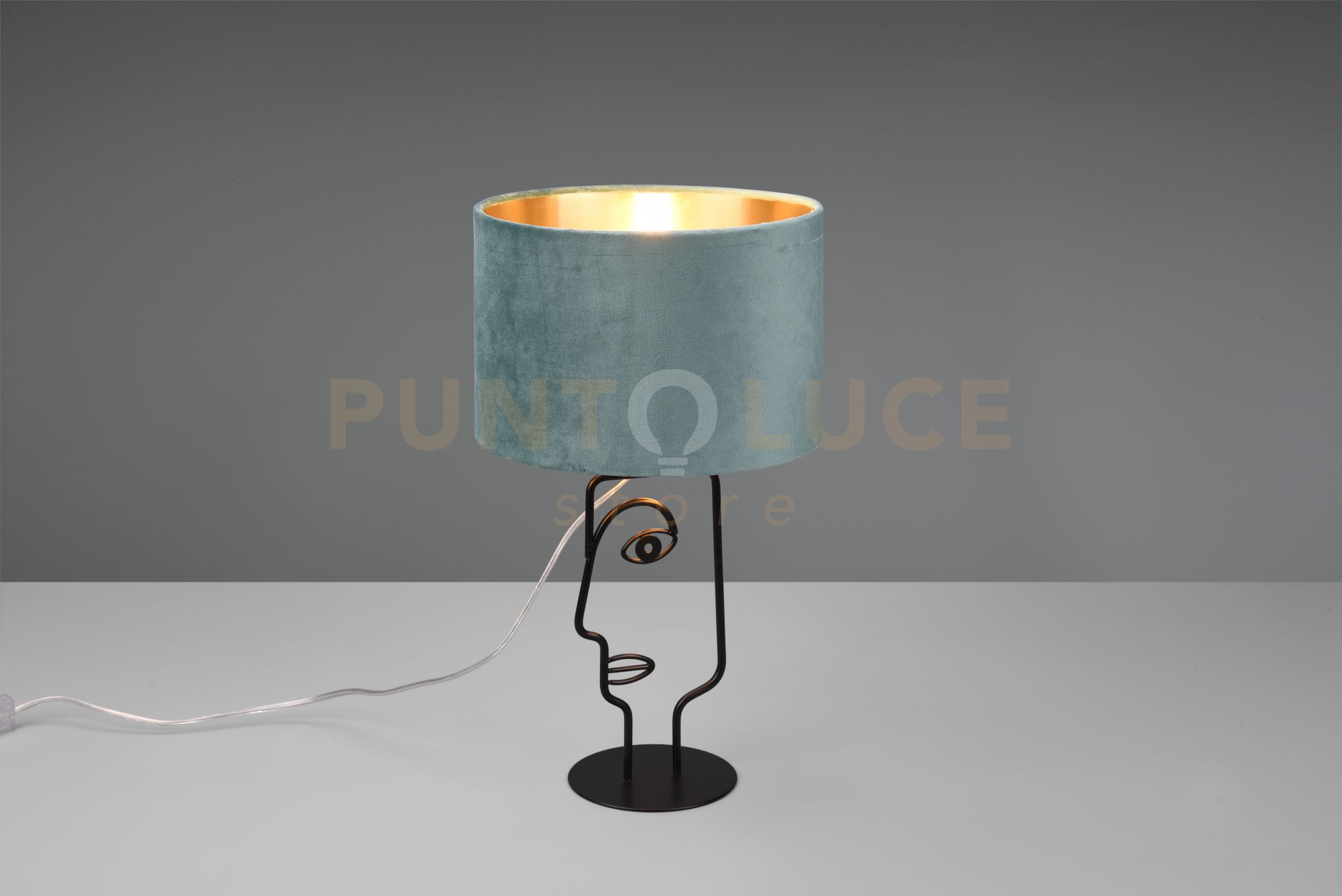 foto del prodotto lampada sultan con paralume velluto azzurro e oro h.42cm metallo nero r51211015