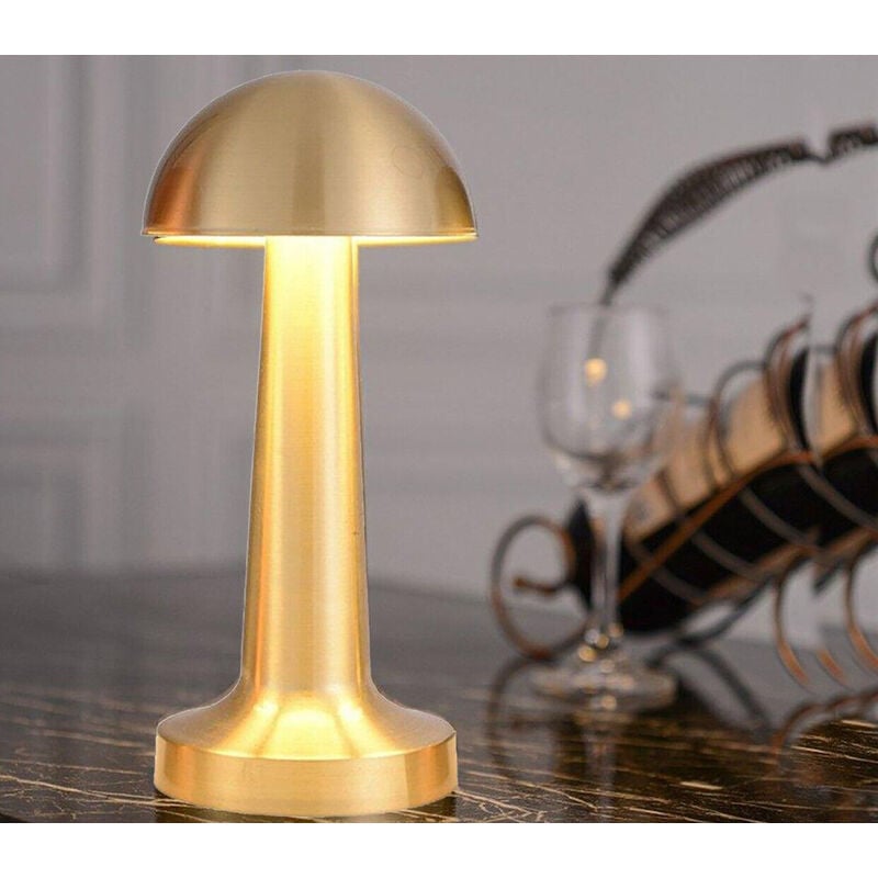 foto del prodotto lampada tavolo led fungo effetto metallo oro touch 3 colori ricaricabile usb