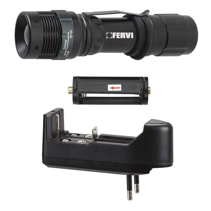 foto del prodotto lampada torcia in alluminio portatile con luce led a 3 funzioni zoom fervi 0338