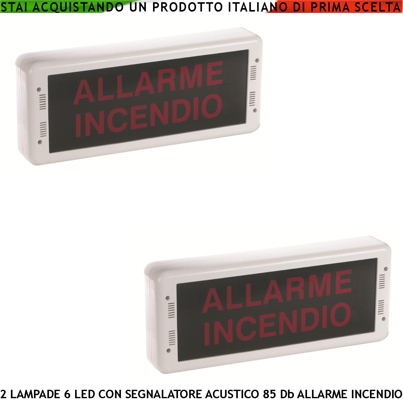 foto del prodotto lampada via di fuga 2 pezzi luce led sirena 85 db scritta allarme incendio pannello a muro en 54-3 en-54-23 dop 1293 cpr-0511
