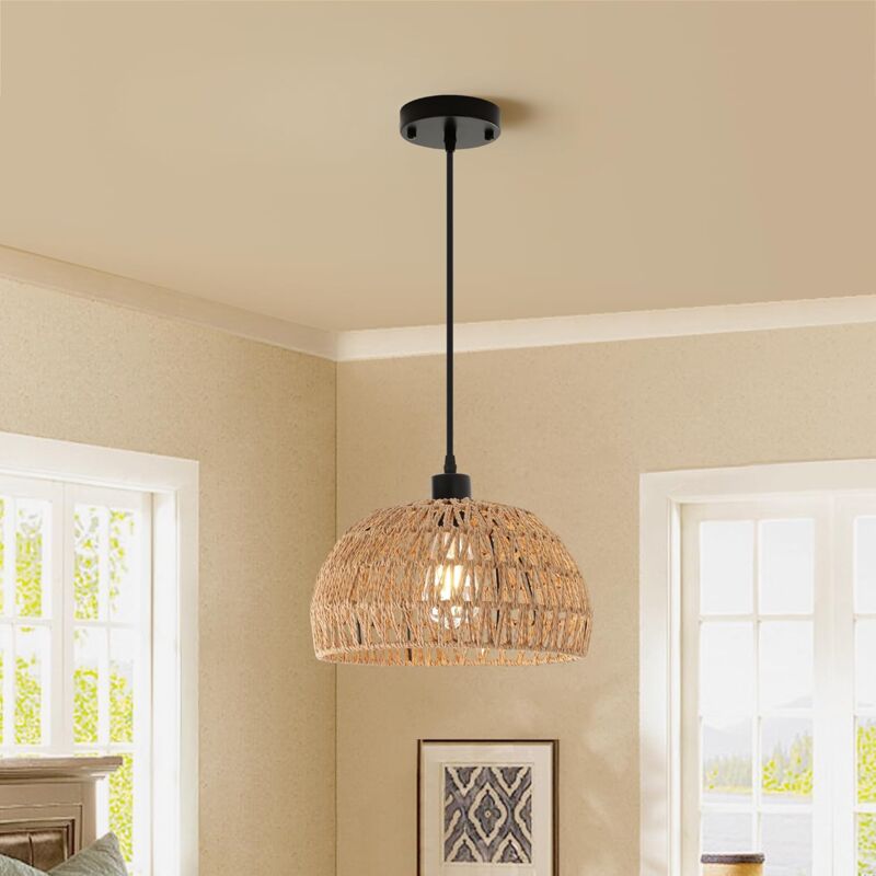 foto del prodotto lampada vintage in rattan, e27 lampada a sospensione rustica, paralume a cesto in rattan, per cucina, sala da pranzo, cantina, corridoio camera da