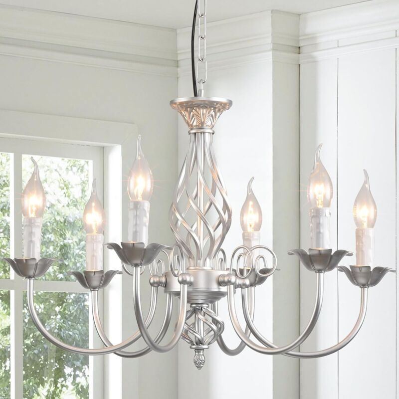 foto del prodotto lampadari di campagna francese,lampadario a sospensione rustico,lampadario a candela regolabile in altezza vintage argento,lampada a sospensione a 6