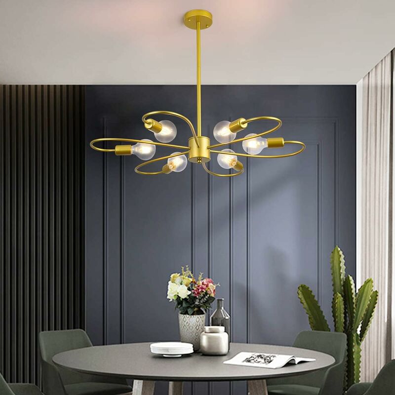 foto del prodotto lampadari moderni oro 6 luci semi incasso plafoniera, mid century sputnik illuminazione a sospensione altezza regolabile per camera da letto