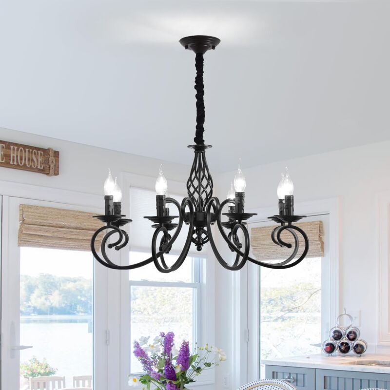 foto del prodotto lampadari rustici candela francese country lampadario vintage ferro pendente lampada sospensione lampada sospensione nero 8 luci ganeed