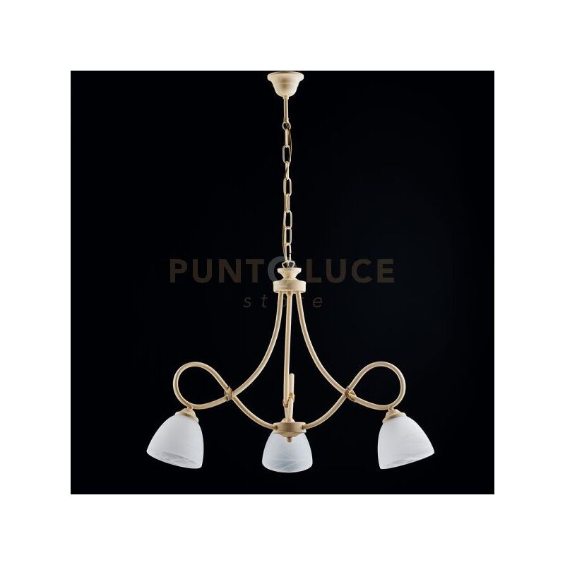foto del prodotto lampadario 3 luci dallas ferro battuto avorio decap vetro bianco