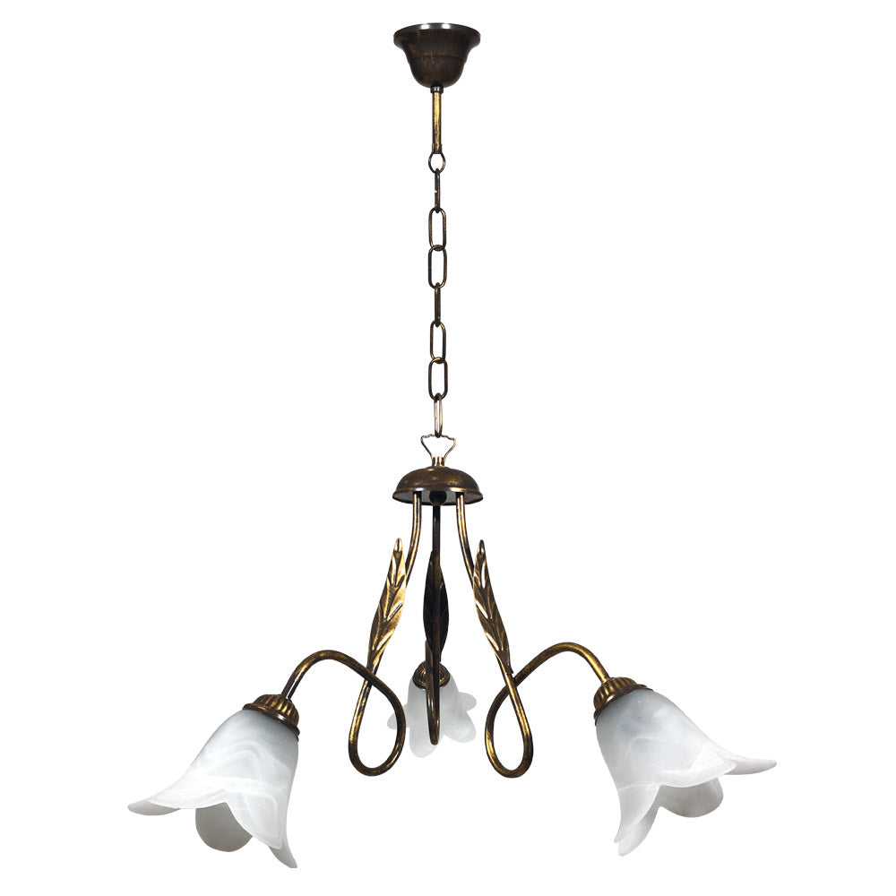 foto del prodotto lampadario 3xe14 montatura marrone oro vetro spugnato bianco e energy amelia