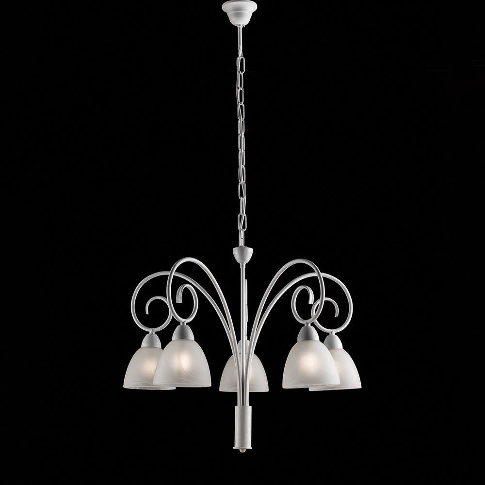 foto del prodotto lampadario 5 luci ferro batturo bianco shabby e vetro bianco serie aurelio