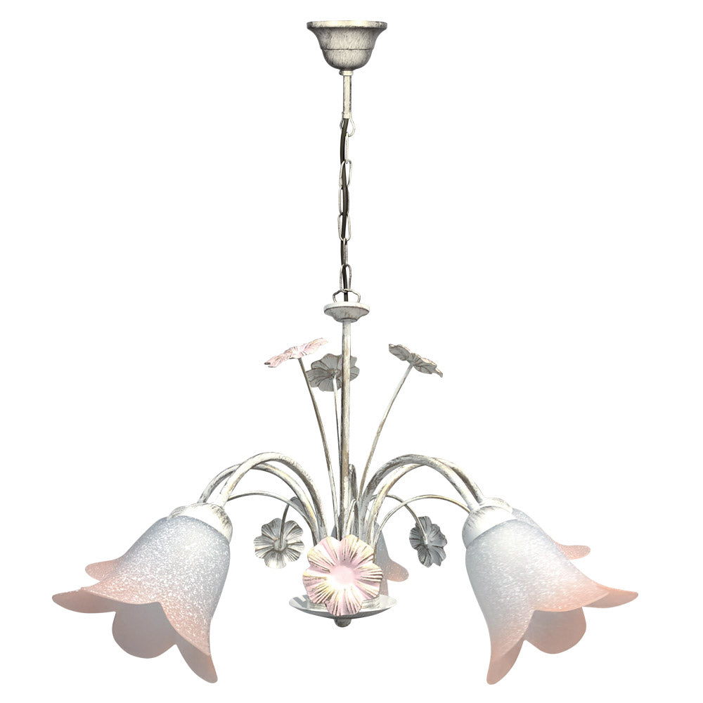 foto del prodotto lampadario 5xe14 montatura bianco oro vetro scavo sintetico bianco sfumato rosa e energy vera