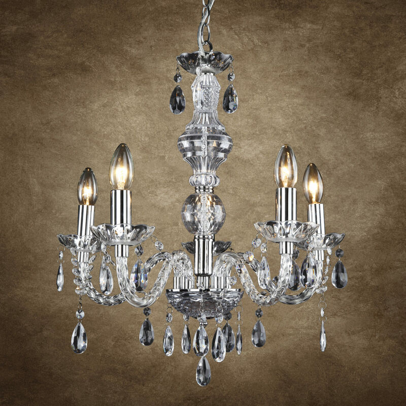 foto del prodotto lampadario a 5 bracci con cristalli artificiali trasparente cromato lux.pro