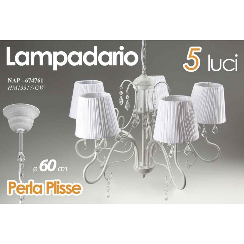 foto del prodotto lampadario a 5 luci bianco con paralumi in tessuto cm 60
