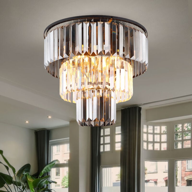 foto del prodotto lampadario a soffitto lampada da soggiorno lampada da sala da pranzo, metallo vetro cristalli color fumo, 3x led 7w 806lm bianco caldo, d 40 cm
