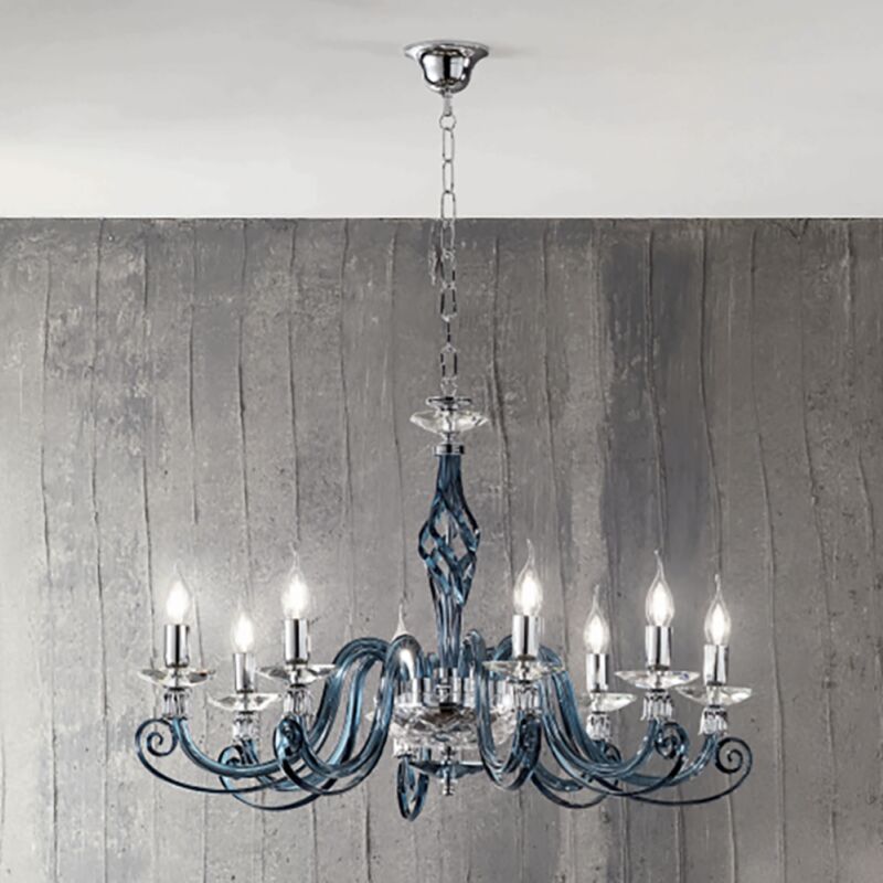 foto del prodotto lampadario a sospensione 1306 in vetro soffiato lavorato a mano 8 luci d84 cm ottanio
