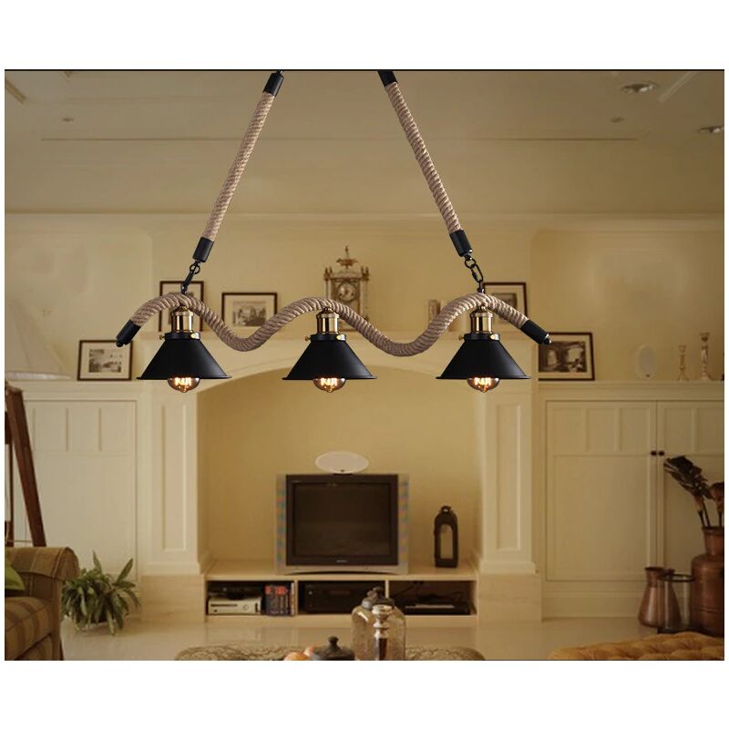 foto del prodotto lampadario a sospensione 3 luci attacco e27 con corda di canapa campane nere stile rustico vintage
