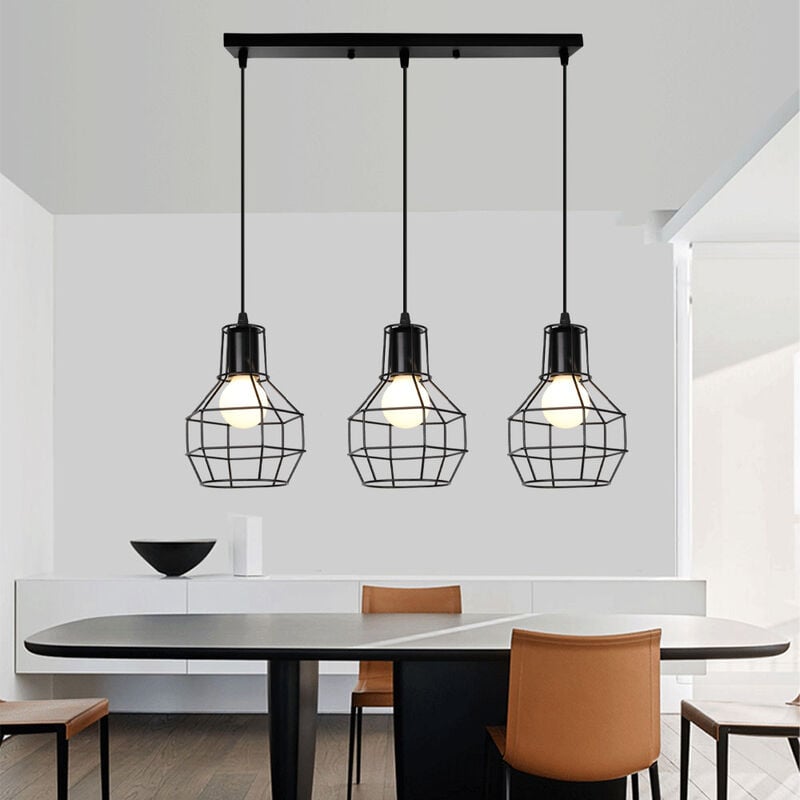 foto del prodotto lampadario a sospensione, 3 luci lampada da soffitto con metallo gabbia, industriale stile decorazione lighting e27 nero base rettangolare
