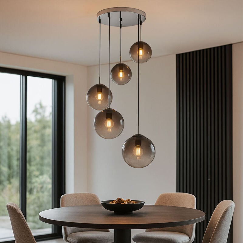 foto del prodotto lampadario a sospensione a soffitto in vetro fum , lampada a sospensione a sfera a 5 fiamme, varie misure, 5x e27, altezza 150 cm, soggiorno, sala da