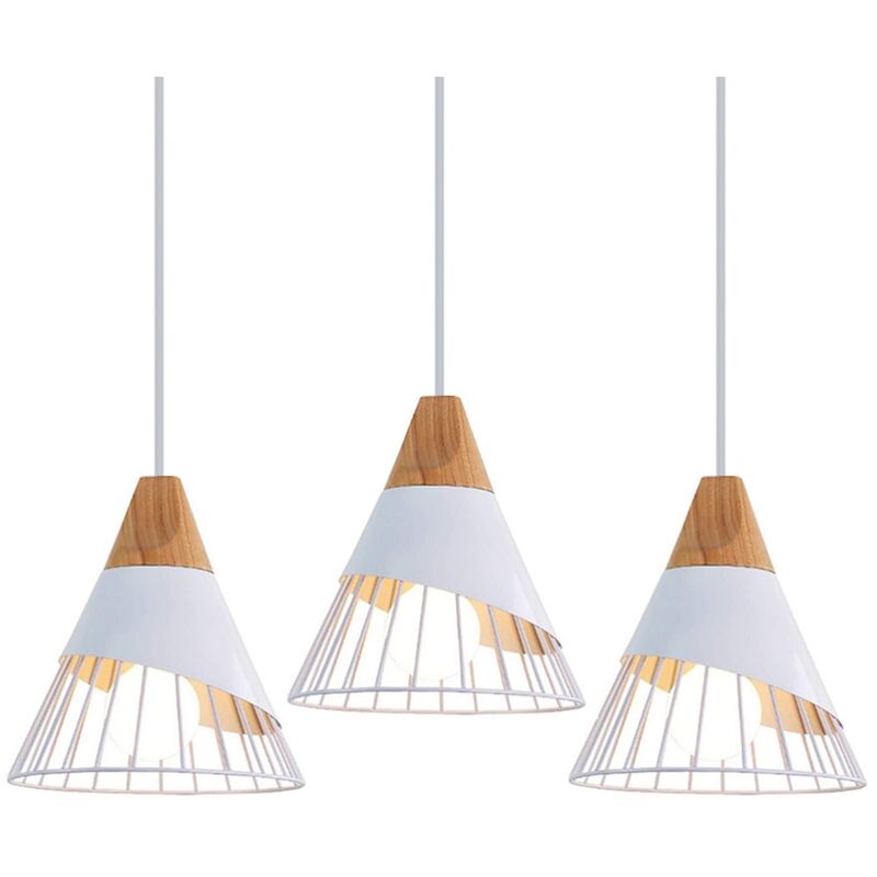 foto del prodotto lampadario a sospensione bianco retr lampada paralume metallo e legno illuminazione pendente regolabile per cucina corridoio porta 3 pezzi