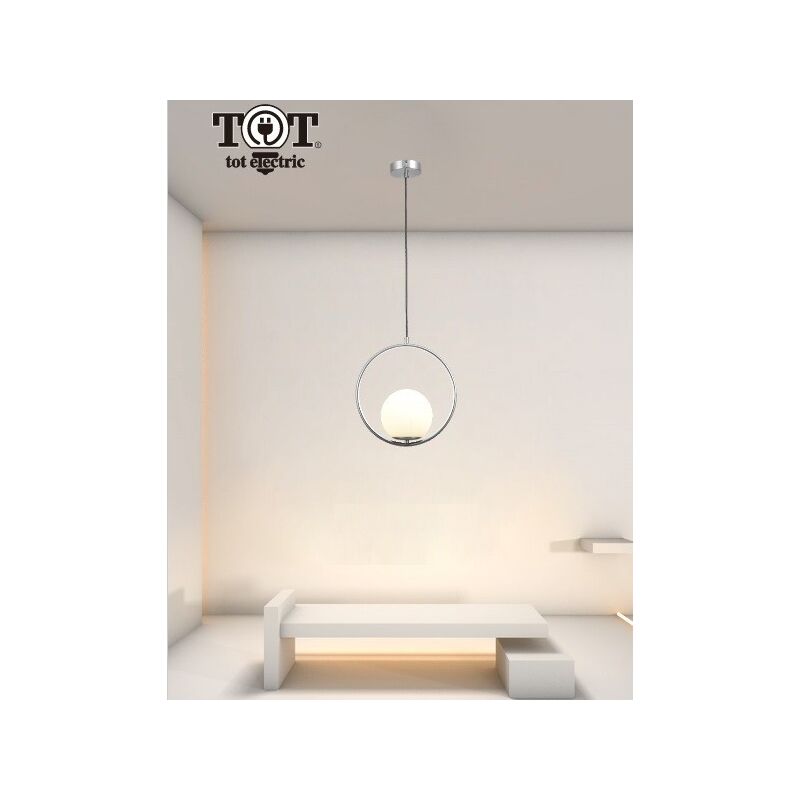 foto del prodotto lampadario a sospensione cerchio argento metallo con sfera in vetro bianco attacco e27 design moderno minimal