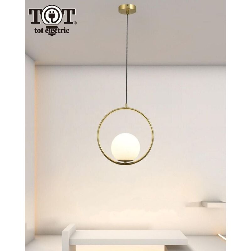 foto del prodotto lampadario a sospensione cerchio metallo con sfera in vetro bianco attacco e27 oro design moderno minimal