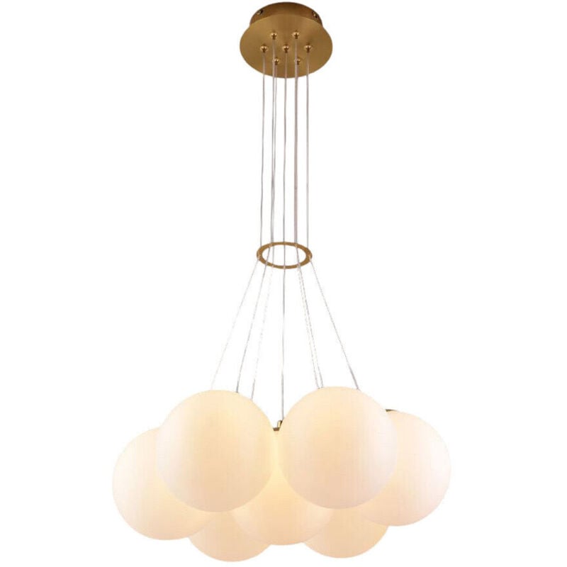 foto del prodotto lampadario a sospensione color bronzo lampada minimal da soffitto con sette sfere bianche opache attacco lampadine g9